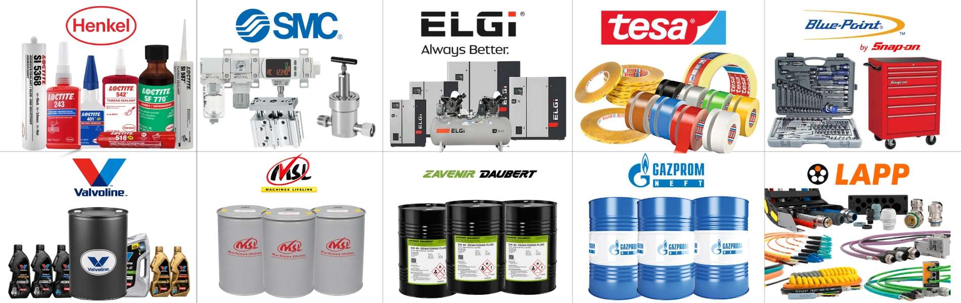 Raghavendra Chemicals Chennai industrial brand portfolio featuring Henkel Loctite, SMC Pneumatics, ELGi, tesa, Blue-Point by Snap-on, Valvoline, MSL, Zavenir Daubert, Gazprom Neft and LAPP products.