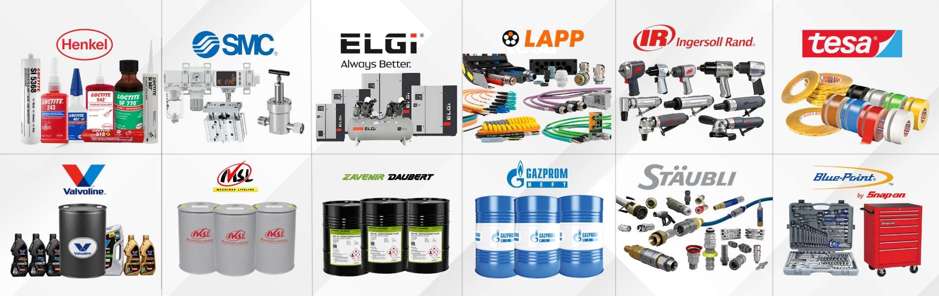 Raghavendra Chemicals Chennai industrial brand portfolio featuring Henkel Loctite, SMC Pneumatics, ELGi, tesa, Blue-Point by Snap-on, Valvoline, MSL, Zavenir Daubert, Gazprom Neft and LAPP product